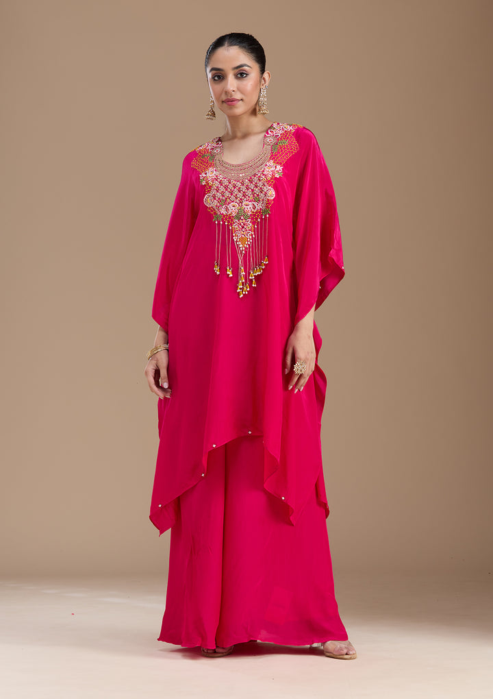 Rani Pink Threadwork Art Silk Readymade Salwar Suit