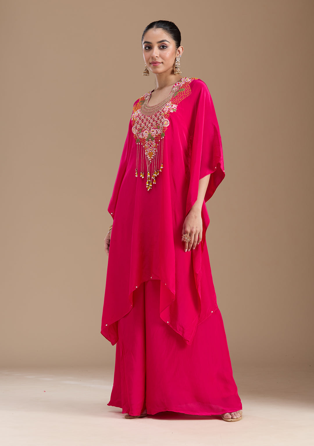 Rani Pink Threadwork Art Silk Readymade Salwar Suit