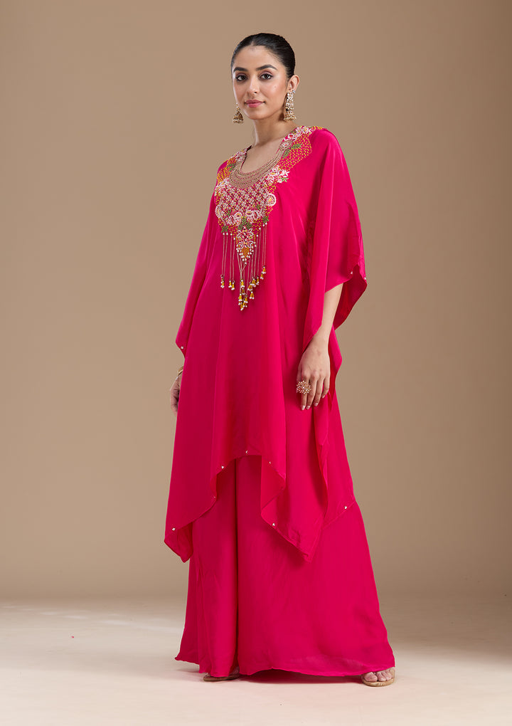 Rani Pink Threadwork Art Silk Readymade Salwar Suit