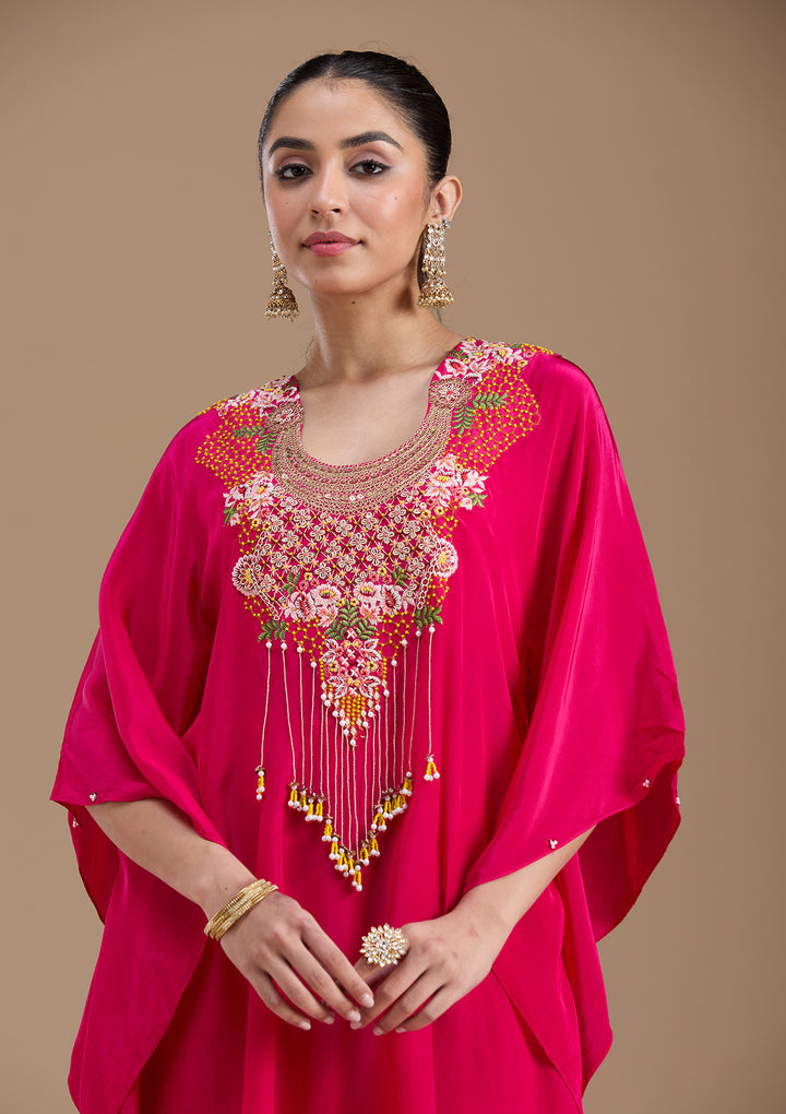 Rani Pink Threadwork Art Silk Readymade Salwar Suit