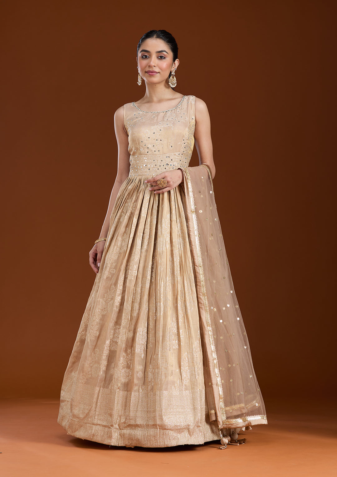 Beige Mirrorwork Tissue Readymade Salwar Suit