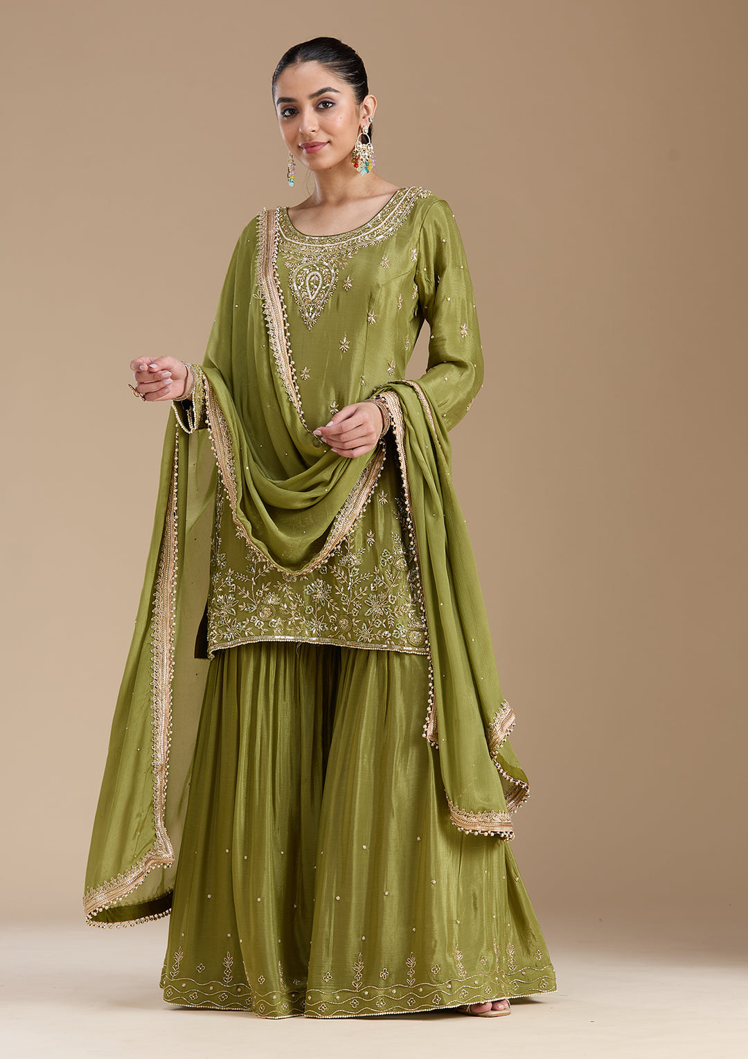 Mehendi Threadwork Satin Readymade Salwar Suit