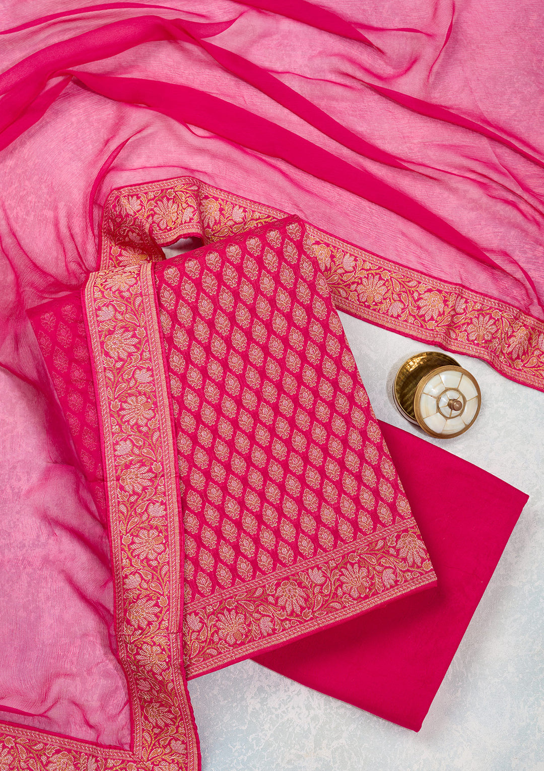 Rani Pink Zariwork Banarasi Unstitched Salwar Suit