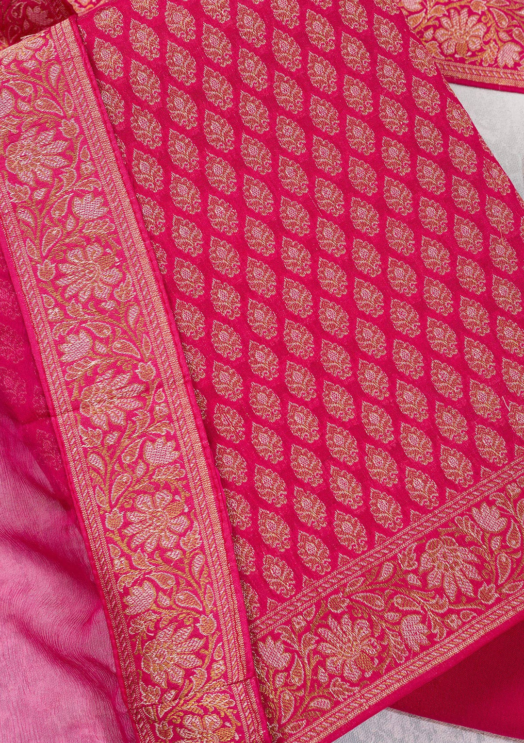 Rani Pink Zariwork Banarasi Unstitched Salwar Suit