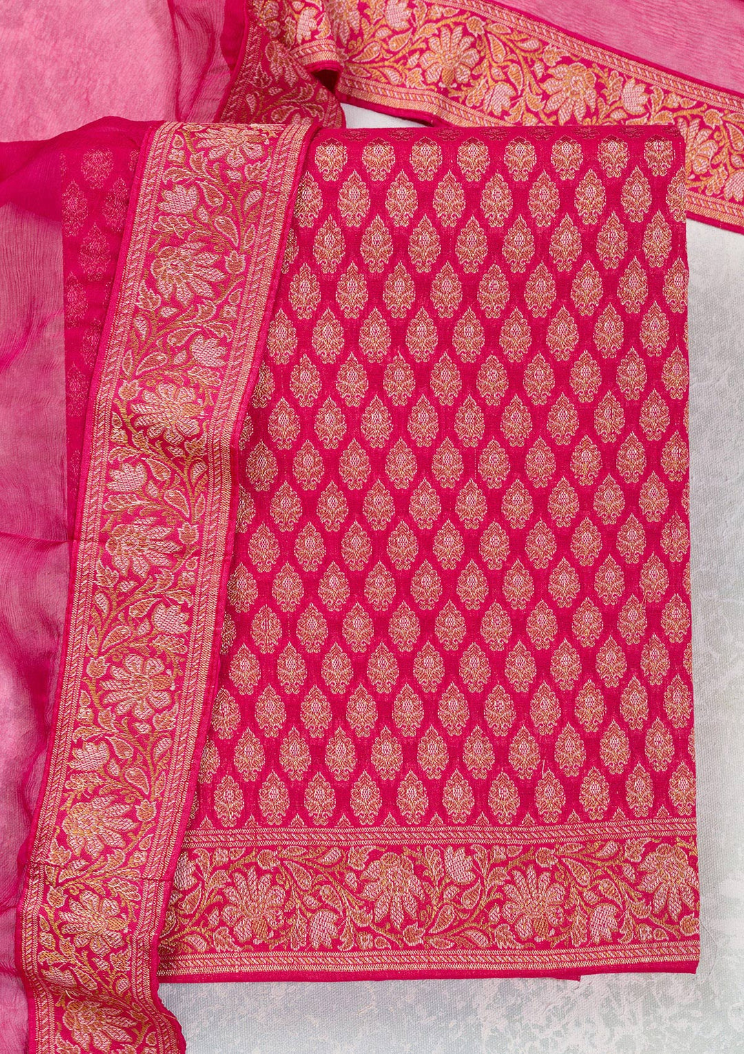 Rani Pink Zariwork Banarasi Unstitched Salwar Suit