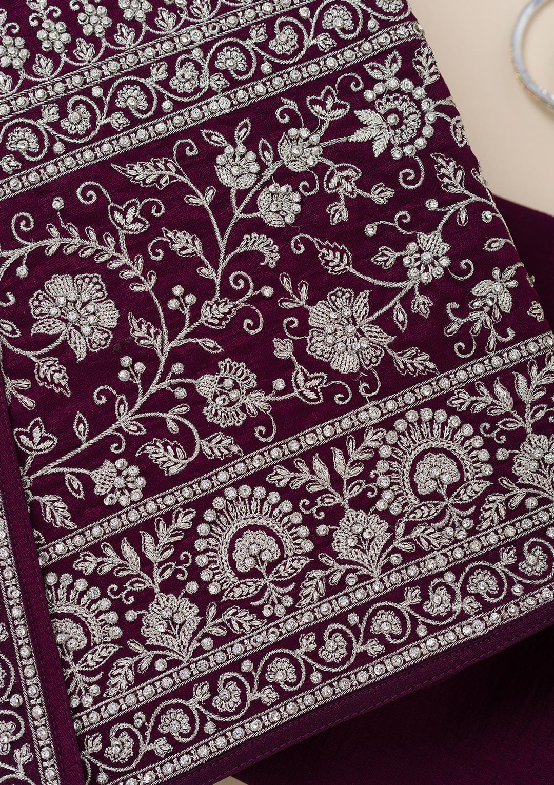 Wine Zariwork Soft Raw Silk Unstitched Salwar Suit