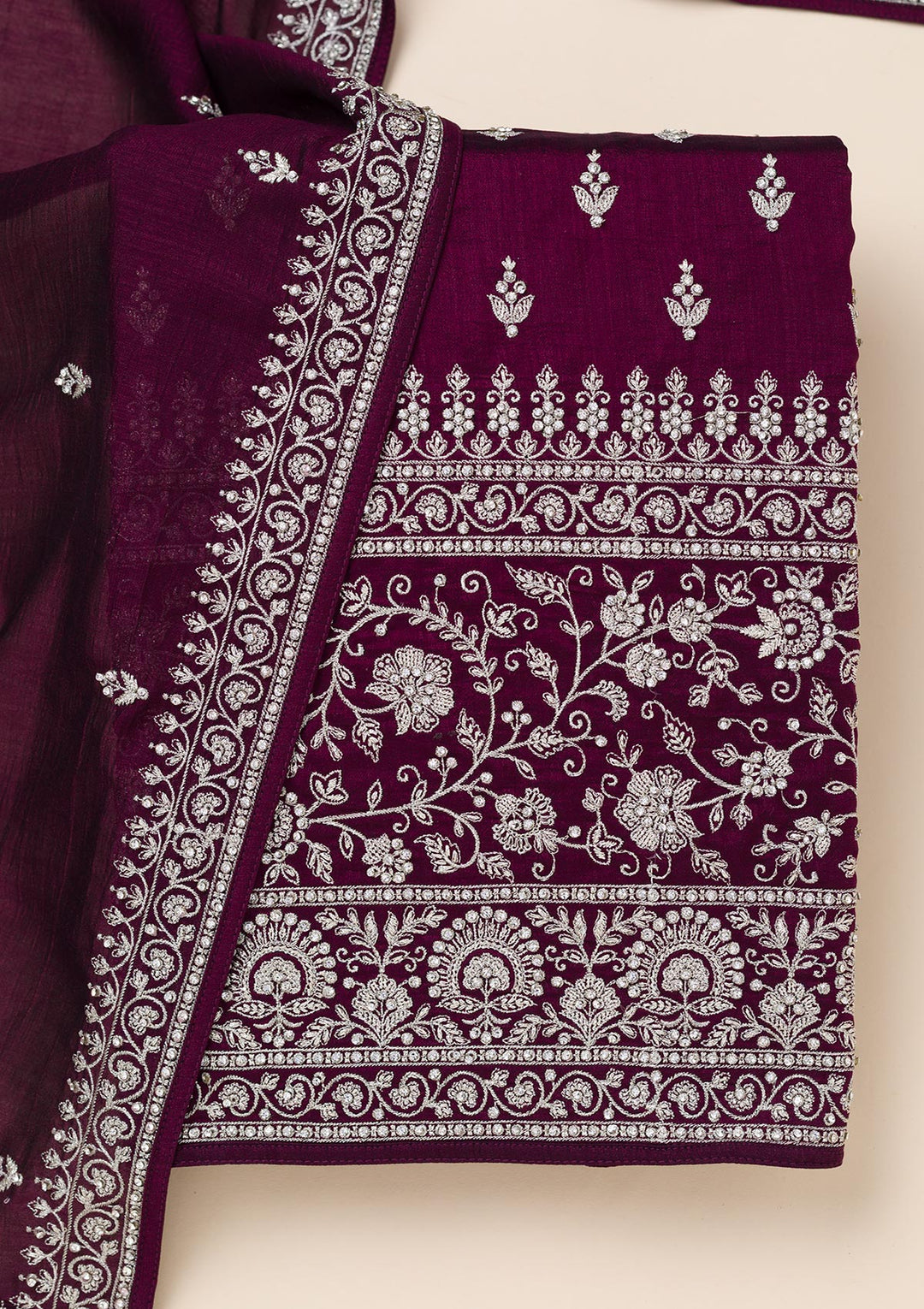 Wine Zariwork Soft Raw Silk Unstitched Salwar Suit