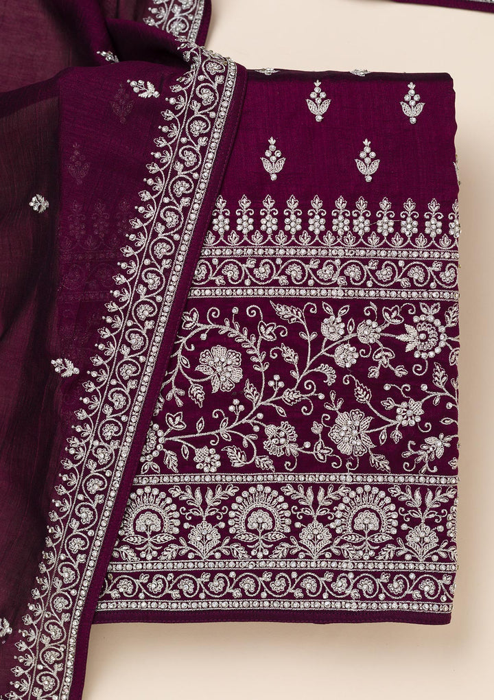 Wine Zariwork Soft Raw Silk Unstitched Salwar Suit