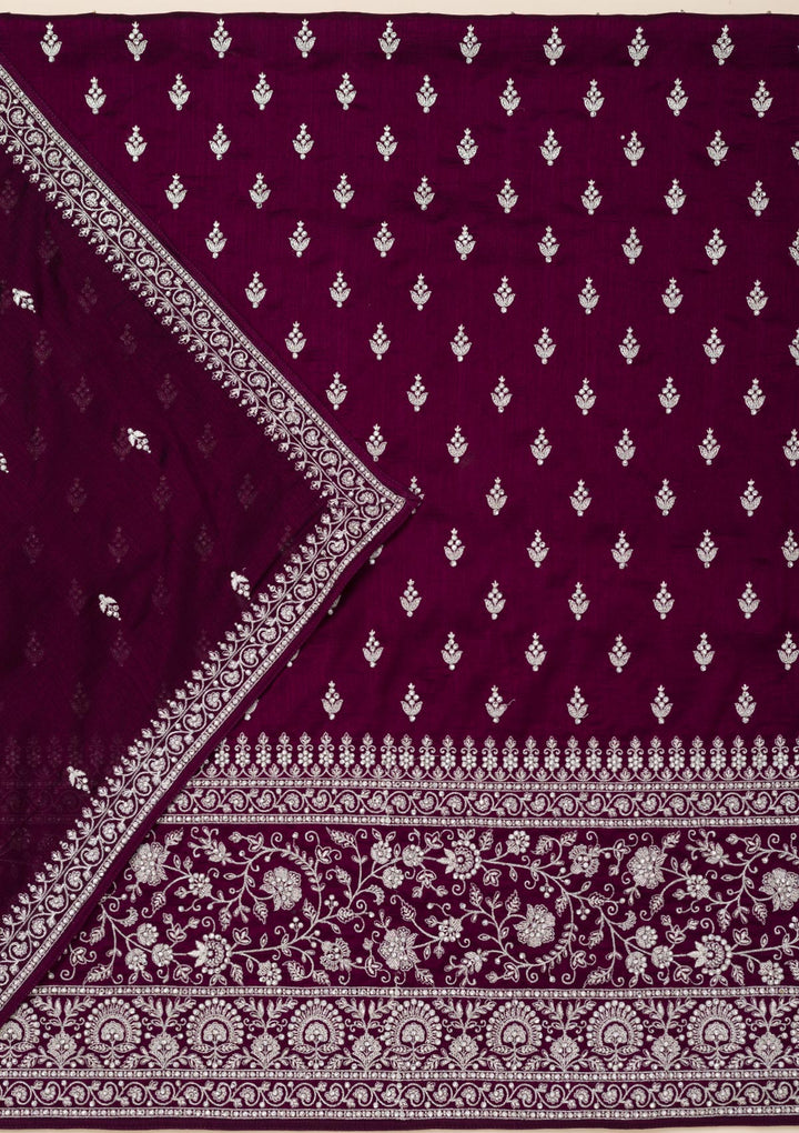 Wine Zariwork Soft Raw Silk Unstitched Salwar Suit