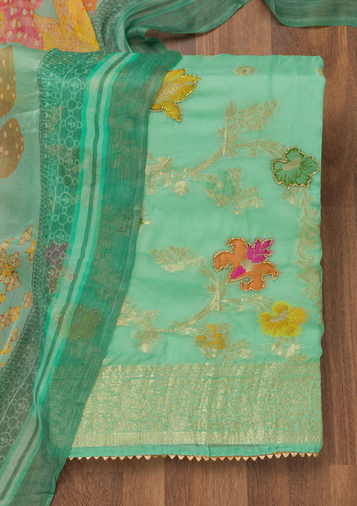 Sea Green Cutdana Art Silk Unstitched Salwar Suit