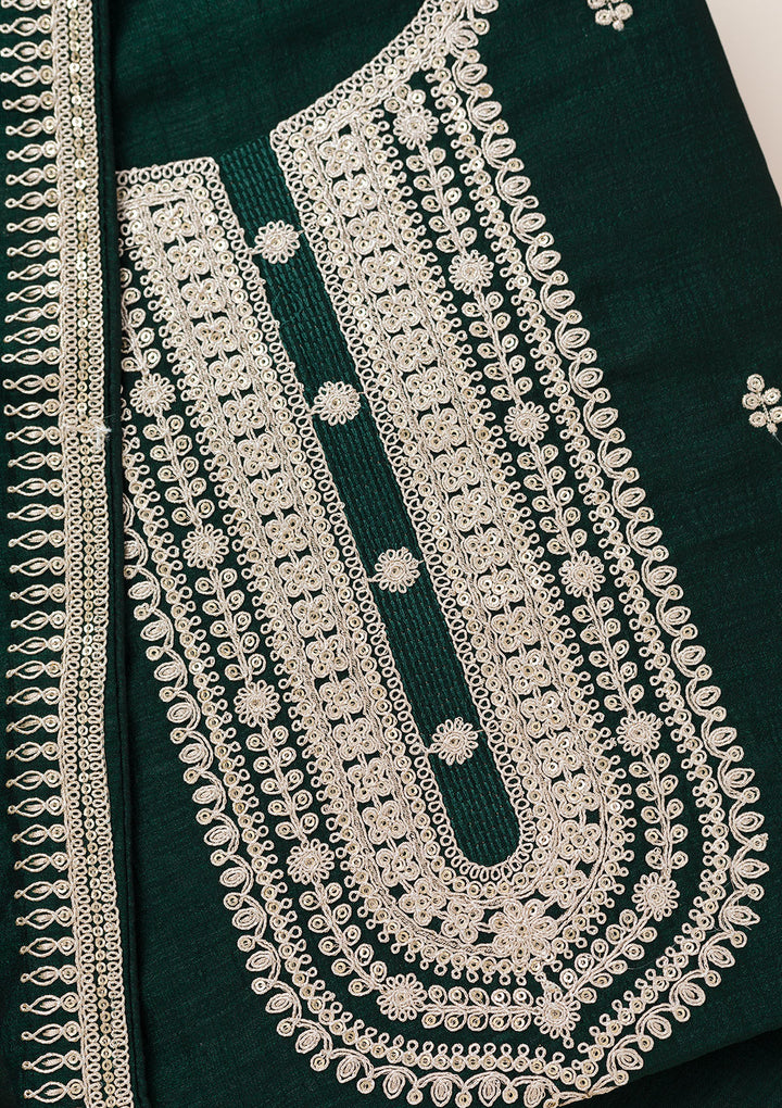 Bottle Green Zariwork Art Silk Unstitched Salwar Suit