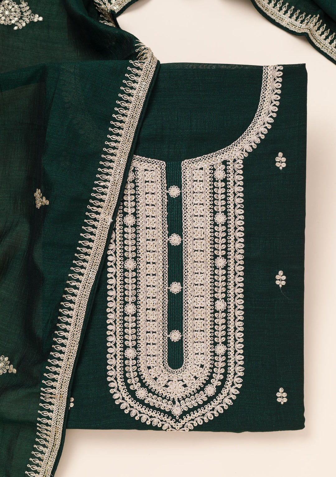 Bottle Green Zariwork Art Silk Unstitched Salwar Suit