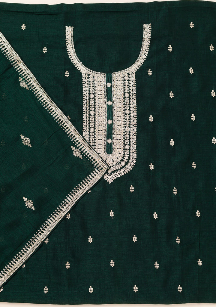 Bottle Green Zariwork Art Silk Unstitched Salwar Suit