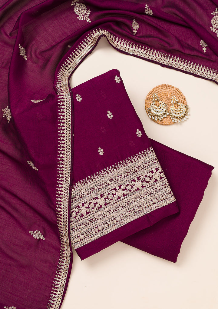 Wine Zariwork Art Silk Unstitched Salwar Suit
