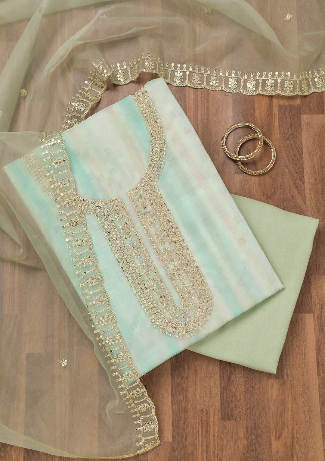 Sea Green Zariwork Tissue Unstitched Salwar Suit