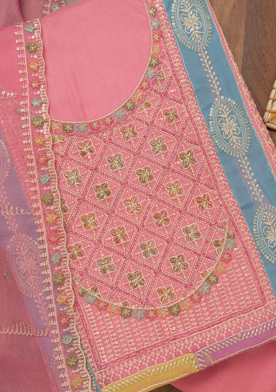 Onion Pink Zariwork Semi Crepe Unstitched Salwar Suit