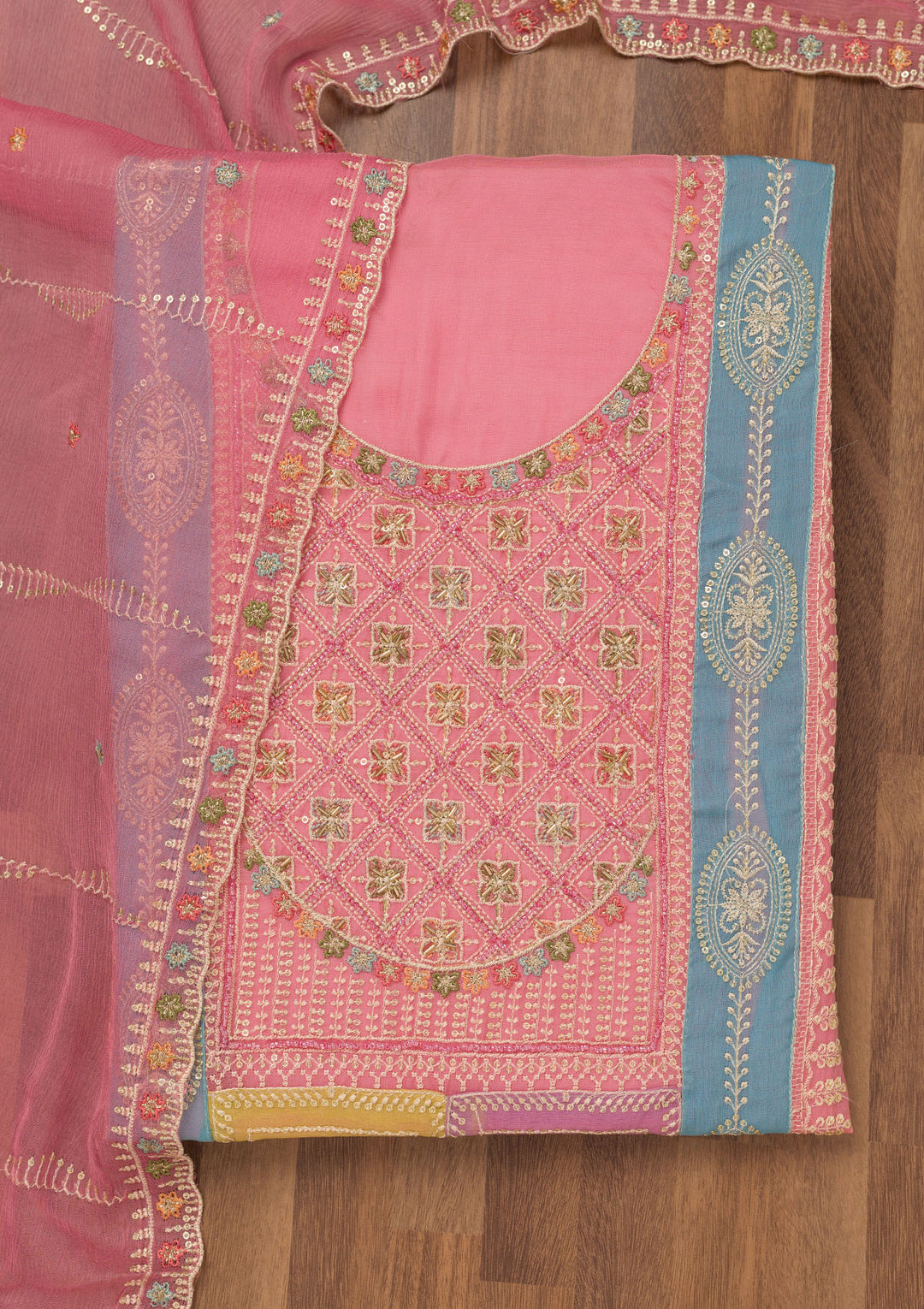 Onion Pink Zariwork Semi Crepe Unstitched Salwar Suit