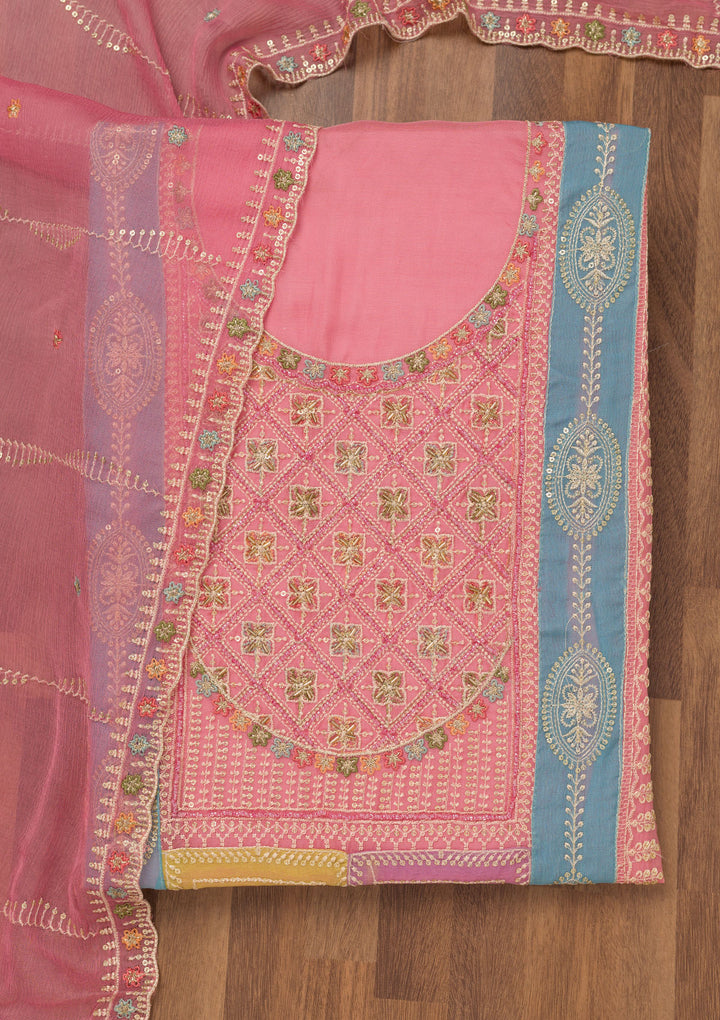 Onion Pink Zariwork Semi Crepe Unstitched Salwar Suit
