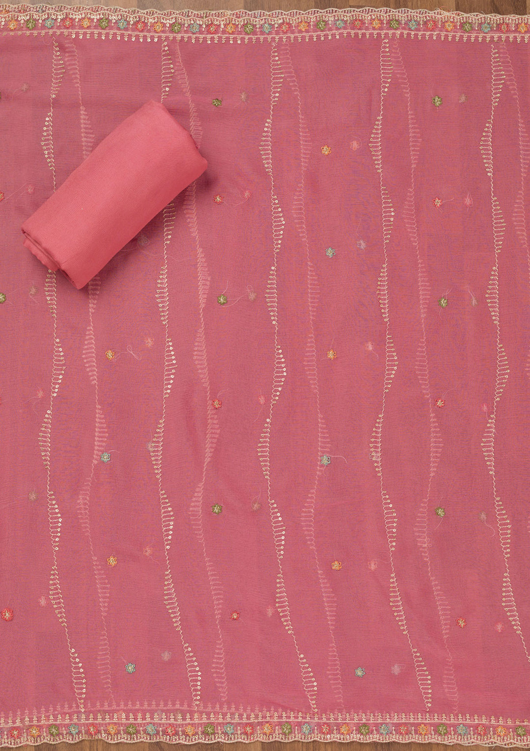 Onion Pink Zariwork Semi Crepe Unstitched Salwar Suit