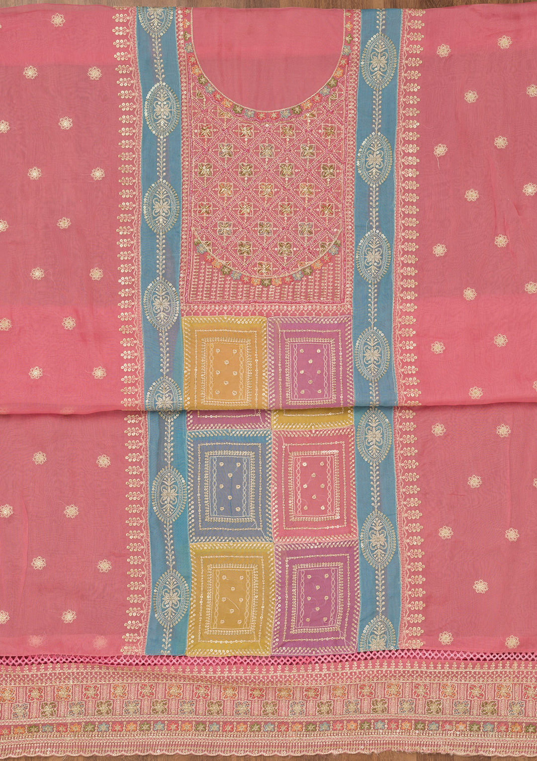 Onion Pink Zariwork Semi Crepe Unstitched Salwar Suit