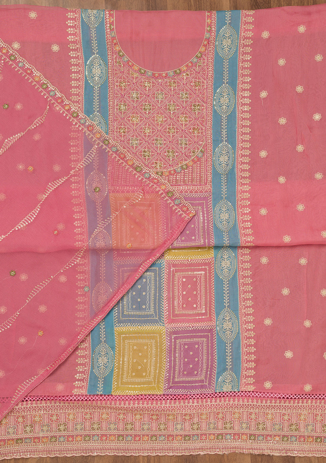 Onion Pink Zariwork Semi Crepe Unstitched Salwar Suit