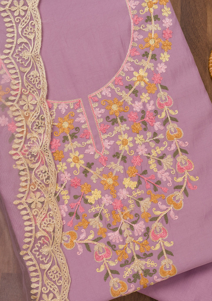 Lavender Threadwork Semi Crepe Unstitched Salwar Suit