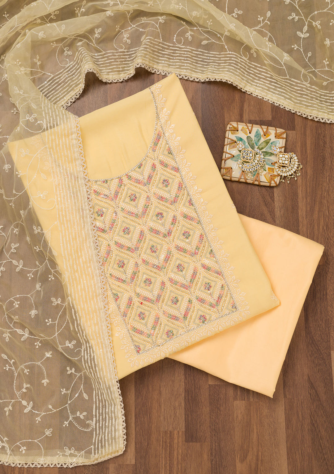 Yellow Threadwork Chanderi Unstitched Salwar Suit