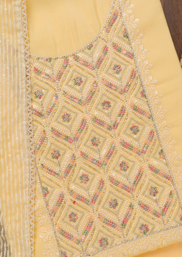 Yellow Threadwork Chanderi Unstitched Salwar Suit