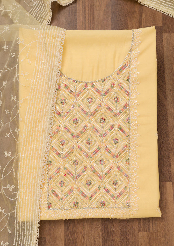 Yellow Threadwork Chanderi Unstitched Salwar Suit