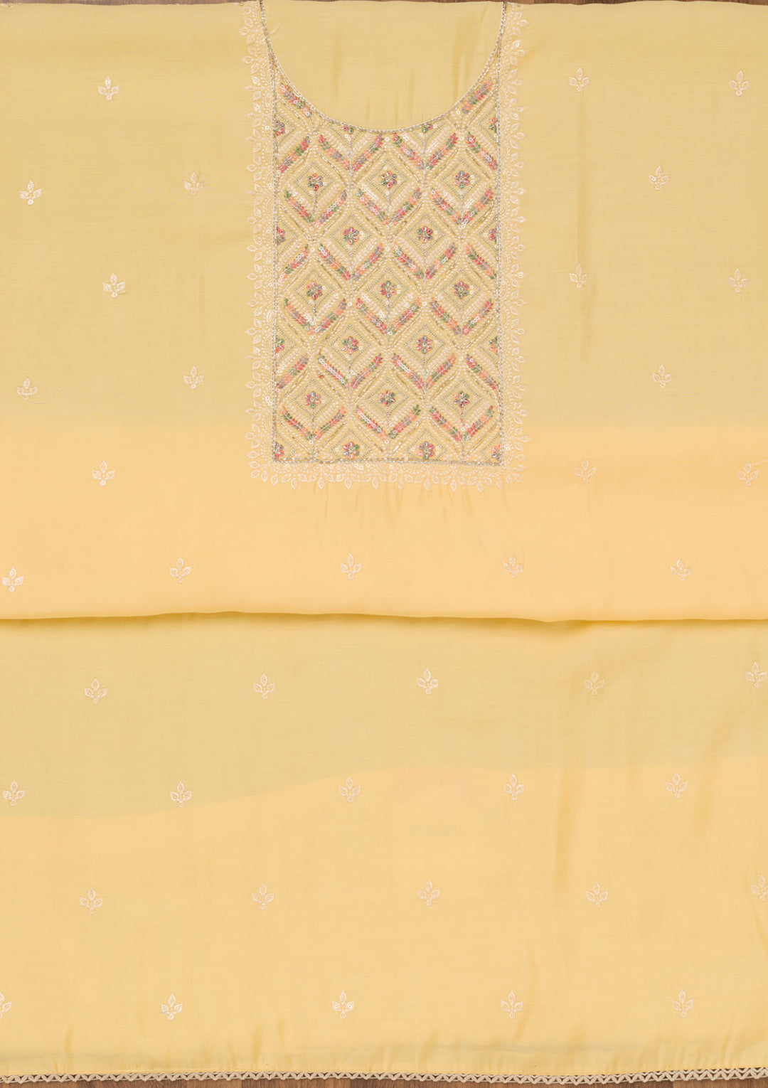 Yellow Threadwork Chanderi Unstitched Salwar Suit