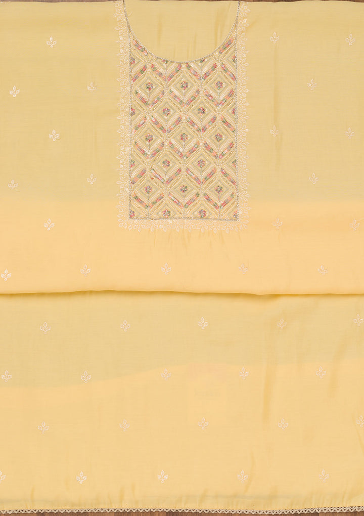 Yellow Threadwork Chanderi Unstitched Salwar Suit