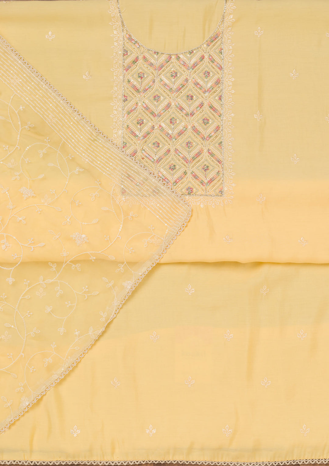 Yellow Threadwork Chanderi Unstitched Salwar Suit