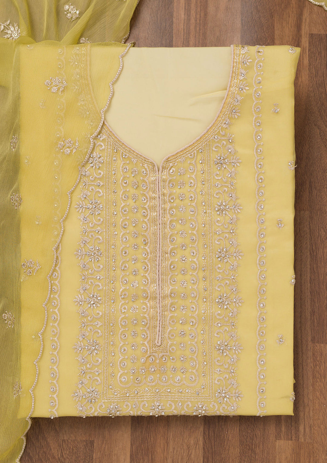 Mehendi Zariwork Tissue Unstitched Salwar Suit
