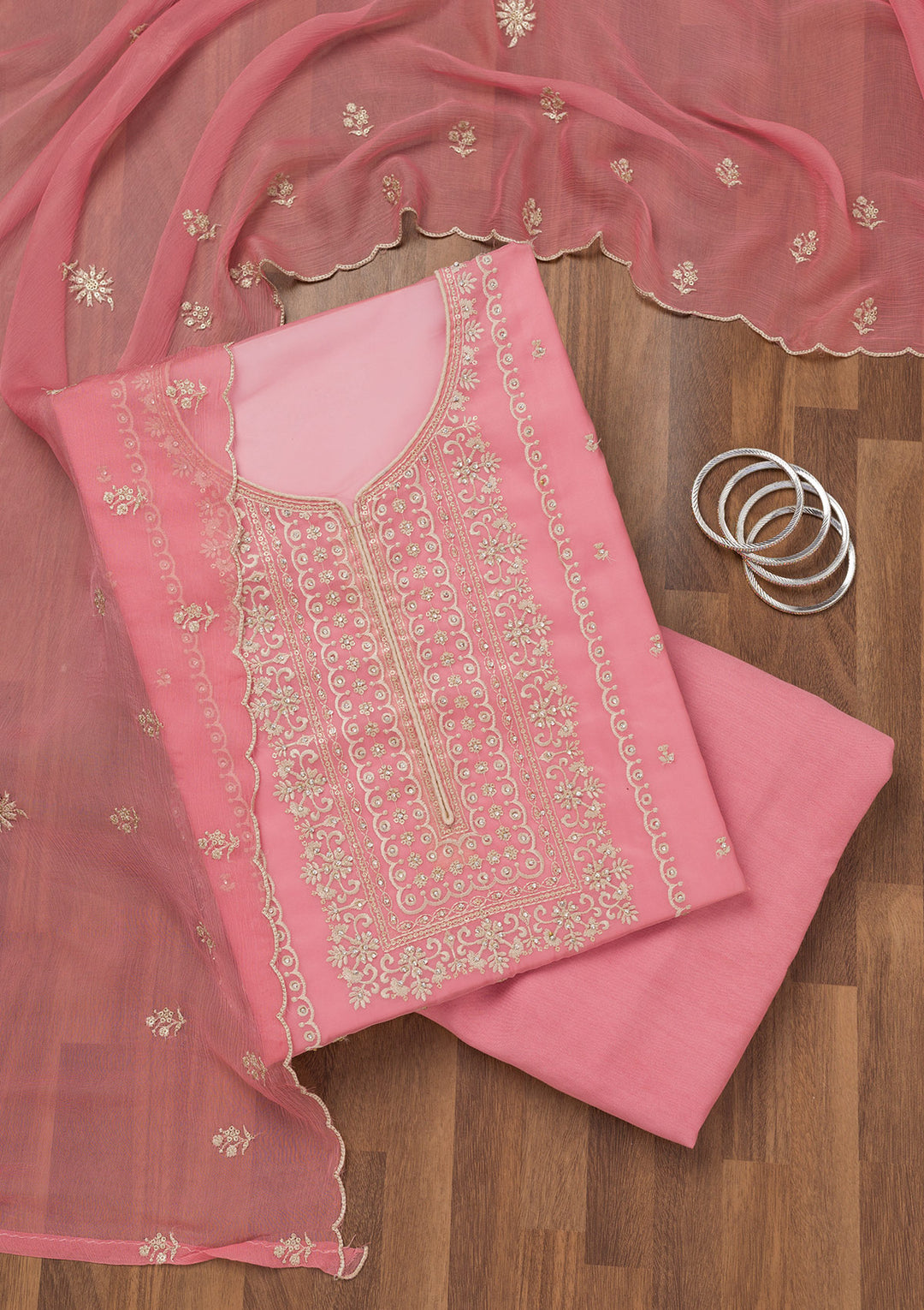 Pink Zariwork Tissue Unstitched Salwar Suit