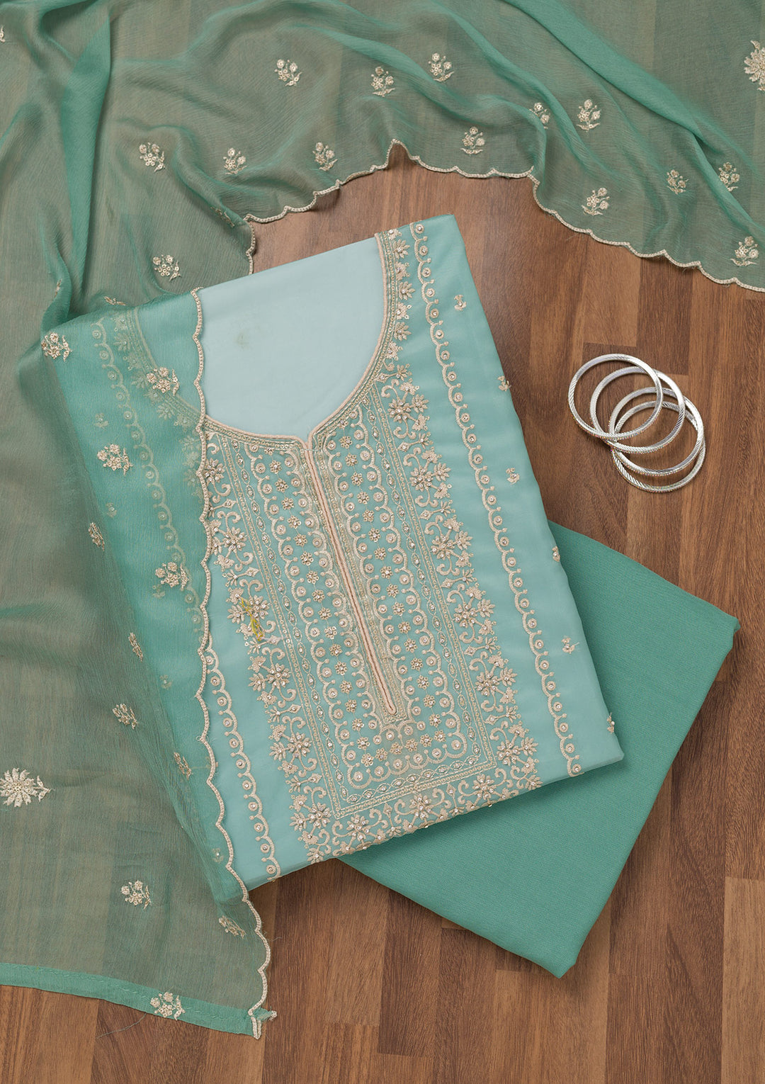 Sea Green Zariwork Tissue Unstitched Salwar Suit