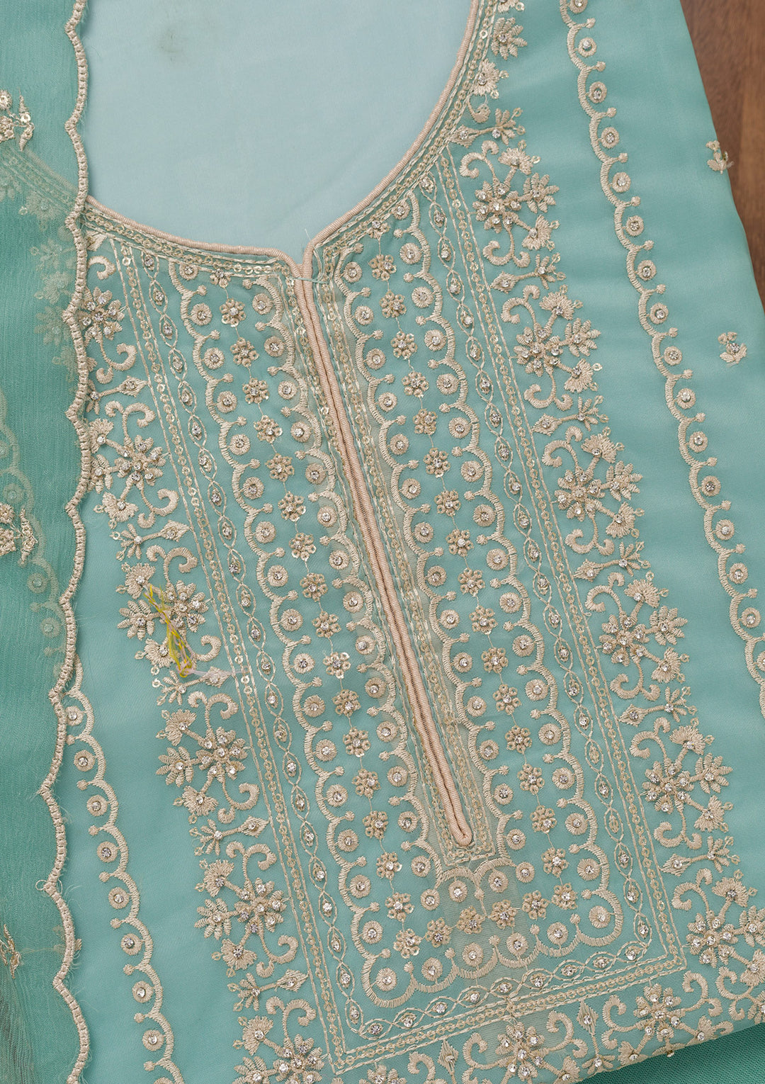 Sea Green Zariwork Tissue Unstitched Salwar Suit