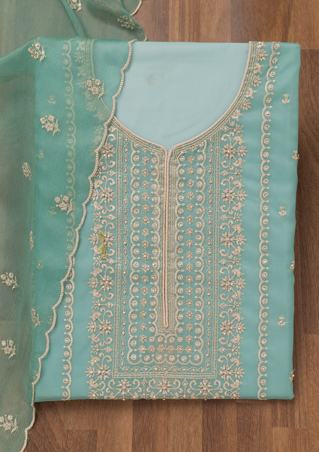 Sea Green Zariwork Tissue Unstitched Salwar Suit