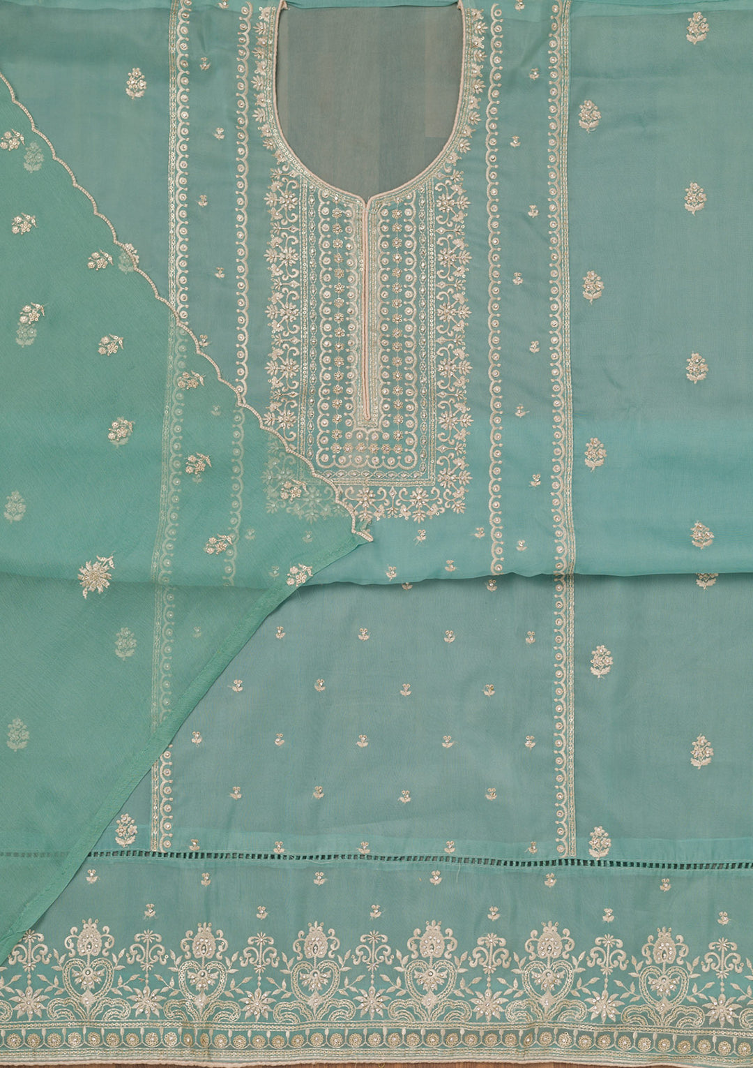Sea Green Zariwork Tissue Unstitched Salwar Suit