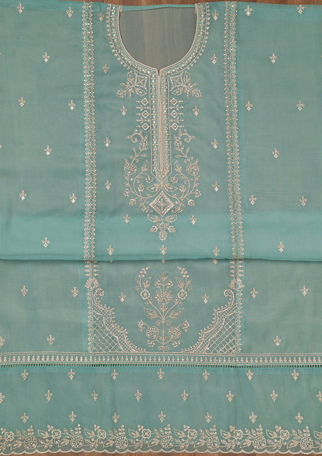 Sea Green Zariwork Tissue Unstitched Salwar Suit