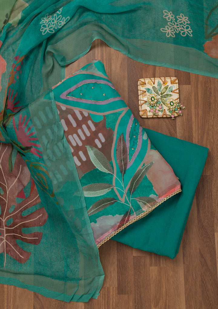 Peacock Blue Printed Tissue Unstitched Salwar Suit