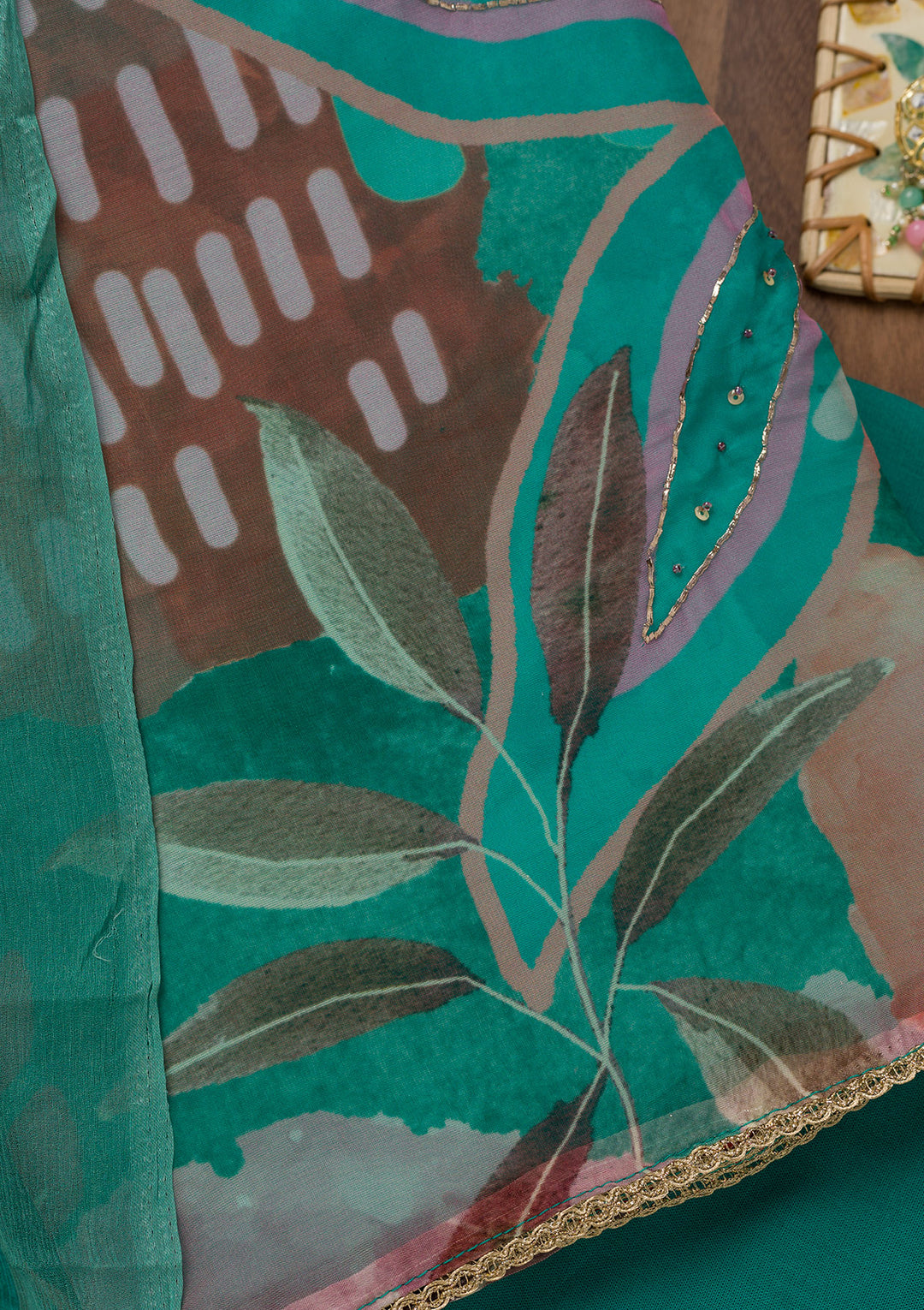 Peacock Blue Printed Tissue Unstitched Salwar Suit