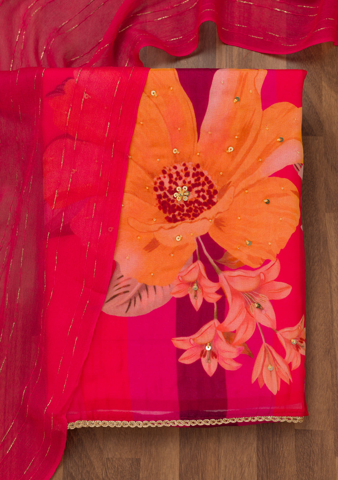 Rani Pink Printed Tissue Unstitched Salwar Suit