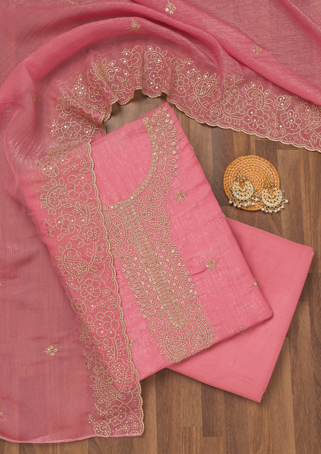 Onion Pink Zariwork Georgette Unstitched Salwar Suit