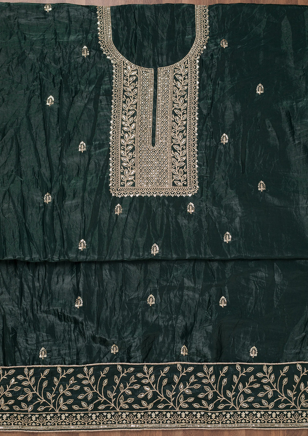 Bottle Green Threadwork Semi Crepe Unstitched Salwar Suit