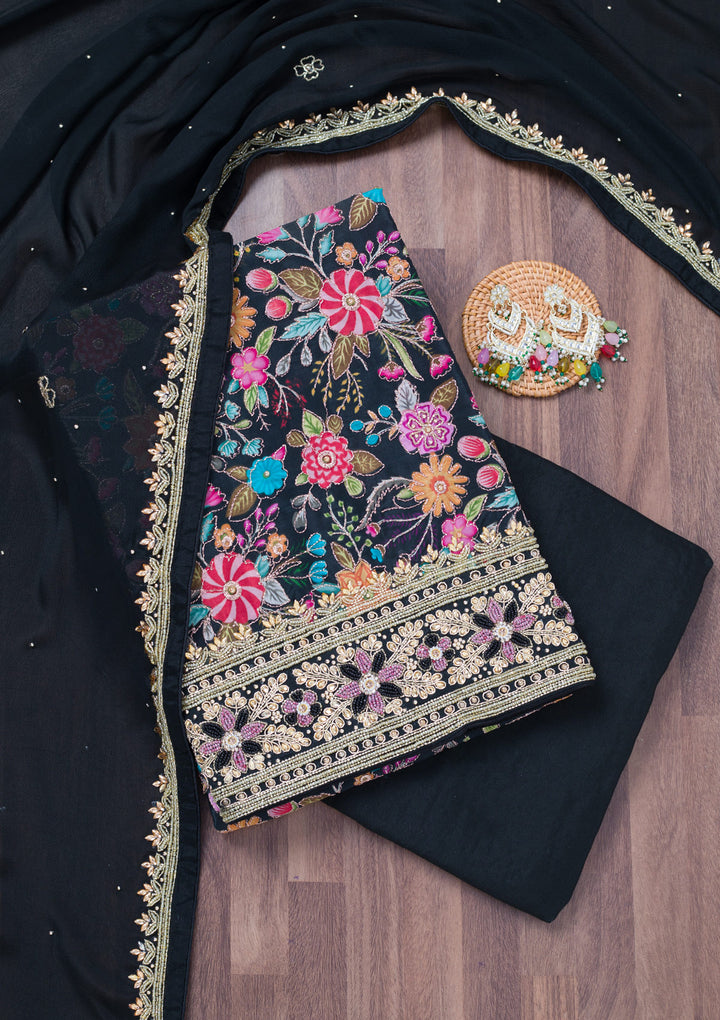 Black Stonework Chinon Unstitched Salwar Suit