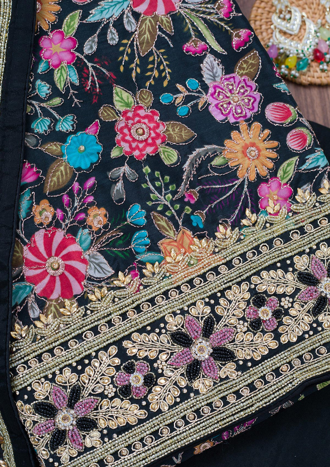 Black Stonework Chinon Unstitched Salwar Suit