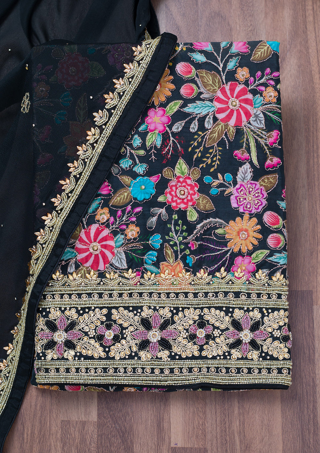 Black Stonework Chinon Unstitched Salwar Suit
