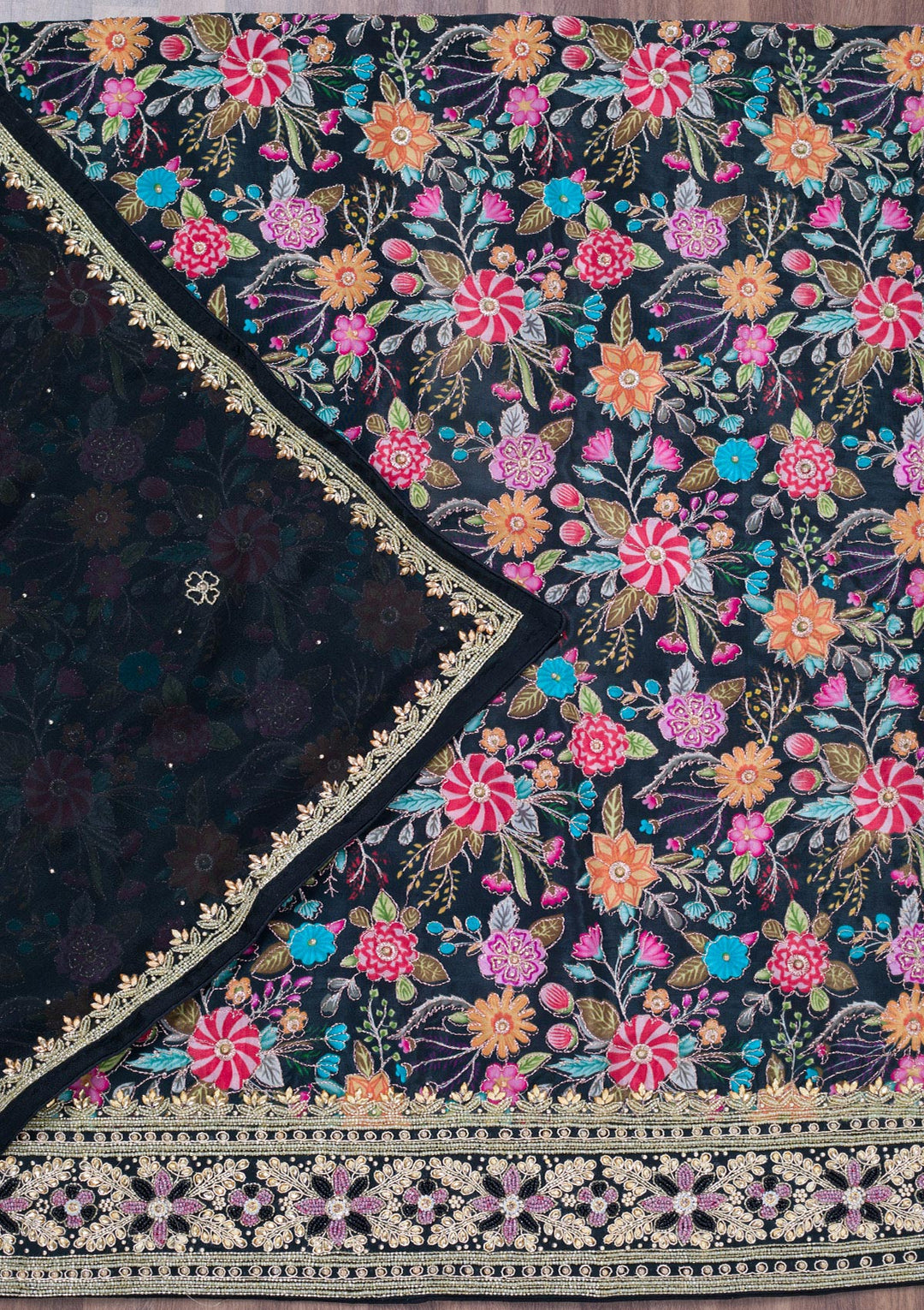 Black Stonework Chinon Unstitched Salwar Suit