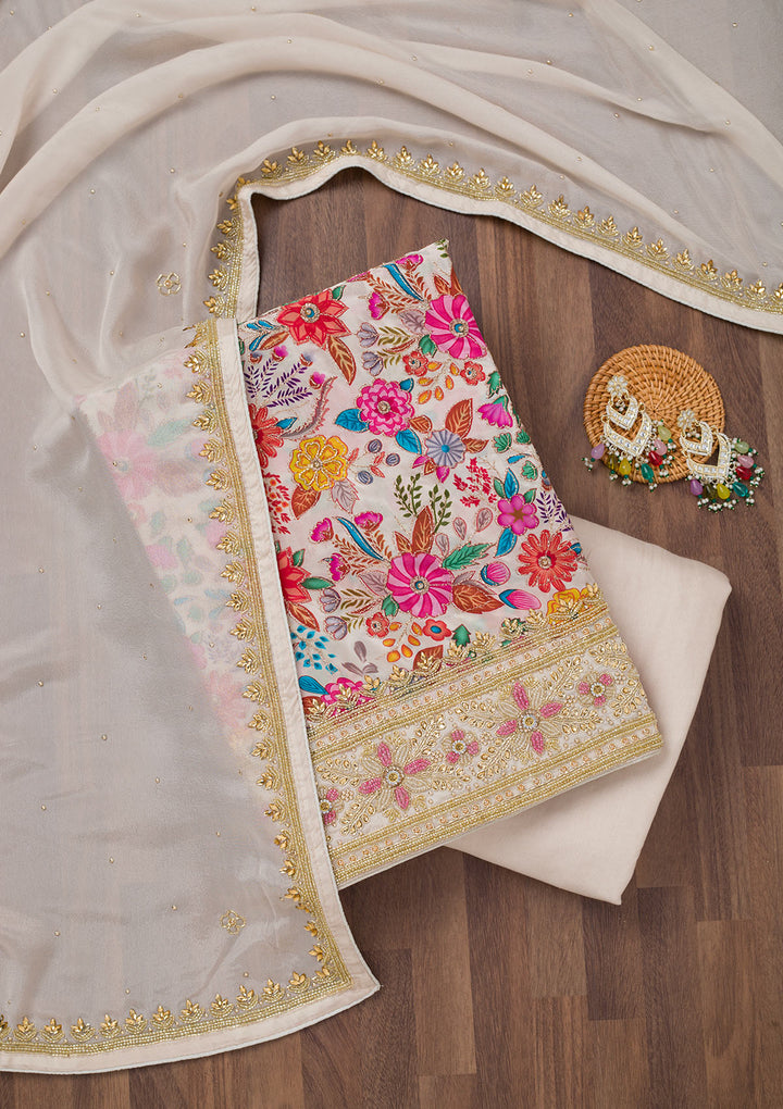 Cream Stonework Semi Crepe Unstitched Salwar Suit