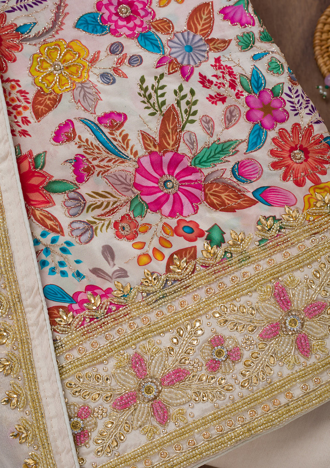 Cream Stonework Semi Crepe Unstitched Salwar Suit